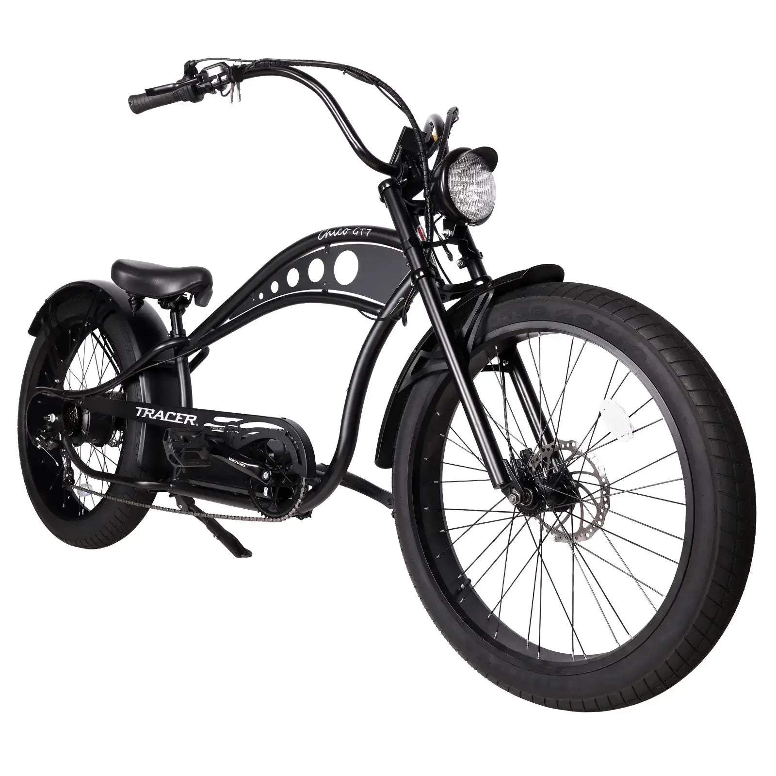 Left front view of the Chico GT7 750W Stretch Cruiser Ebike, with a clear view of the front wheel and suspension system.