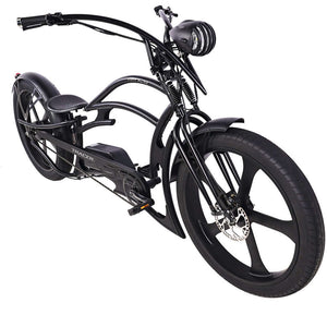 Black Raptor Pro DS 800W Stretched Cruiser Ebike, close-up of the front wheel.
