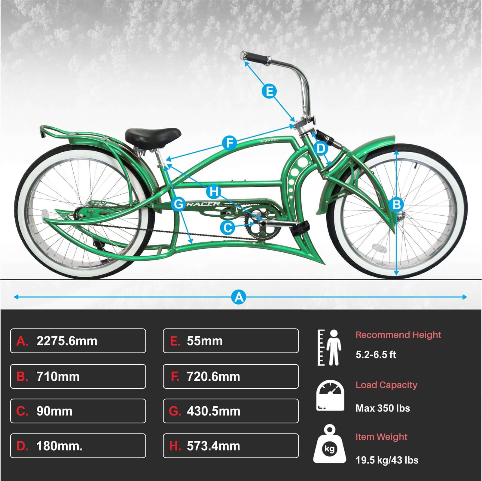 Key specifications of the Kraken Pro 26" Stretch Chopper Bike Single Speed.