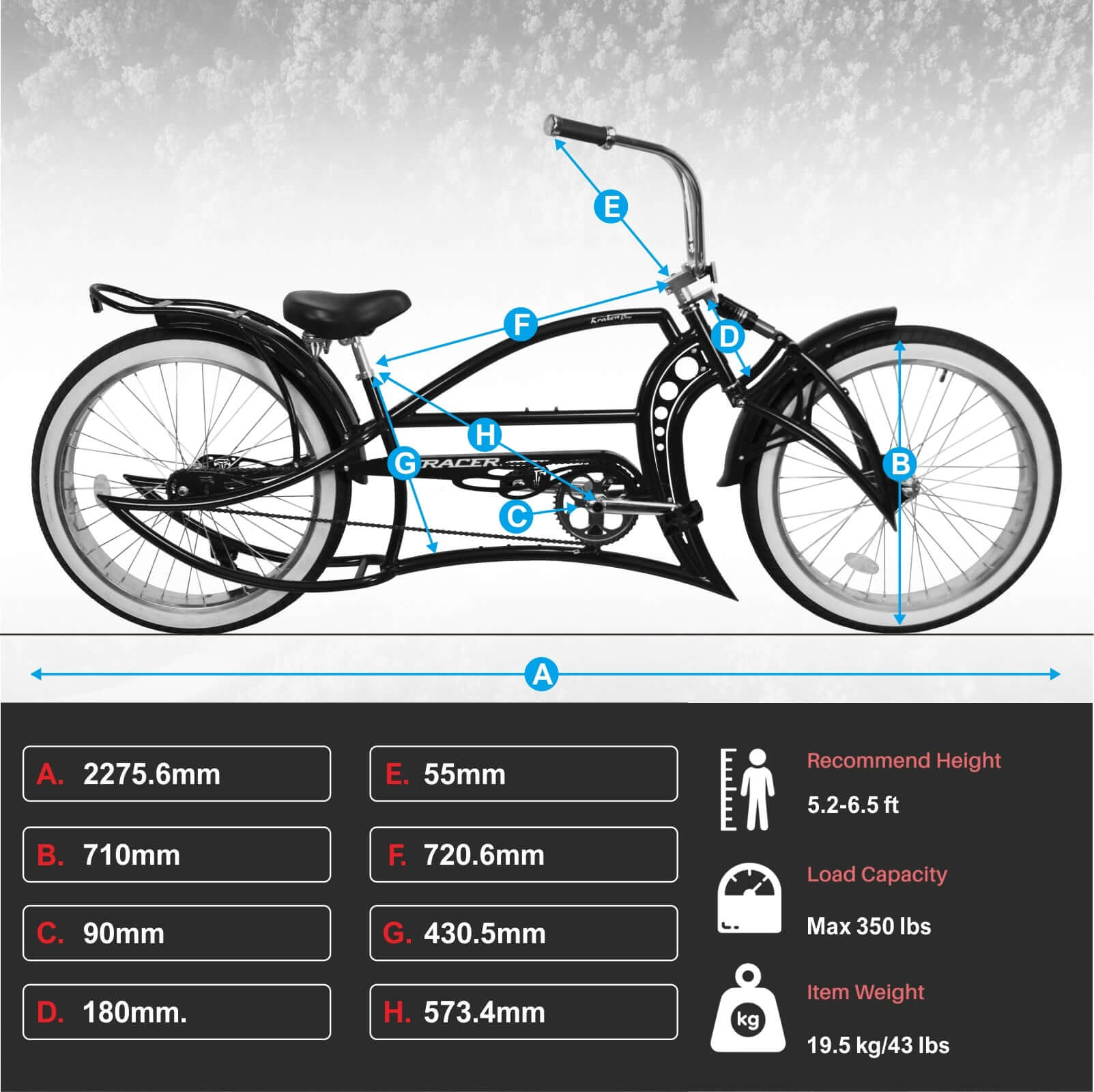 Detailed specifications of the Kraken Pro 26" Single Speed Stretch Chopper Bike.