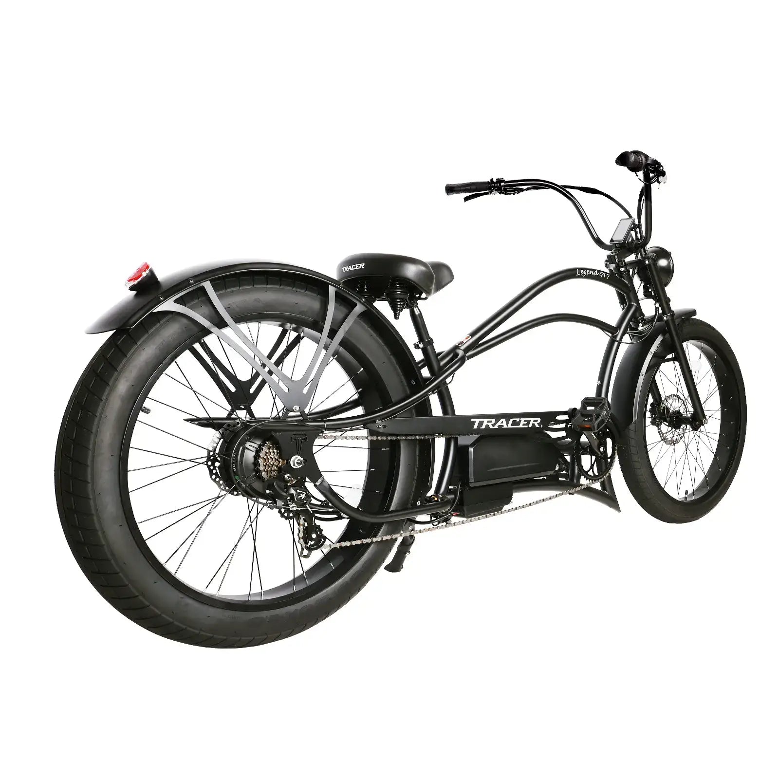 Rear side view of the black Legend GT7 1000W Stretch Cruiser Chopper Bike, shows the overall robust design.