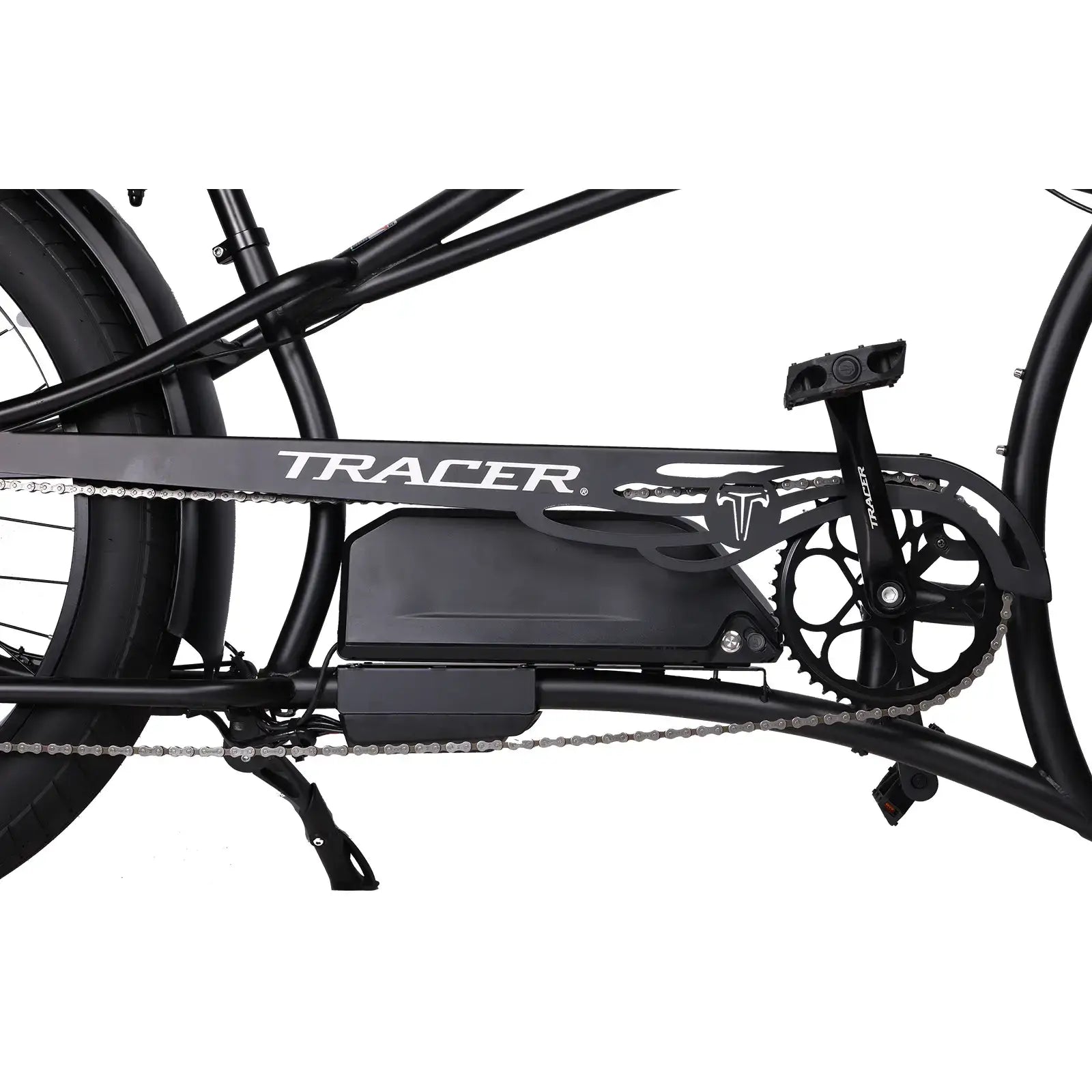 Full view of the Legend GT7 1000W Stretch Electric Cruiser Chopper Bike's drivetrain.