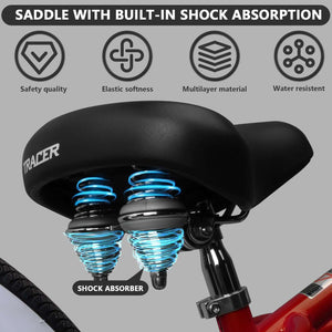 Detailed shot of Tracer Arcadia GT7 26” Chopper Cruiser Stretch Bike's saddle with two shock absorbers.