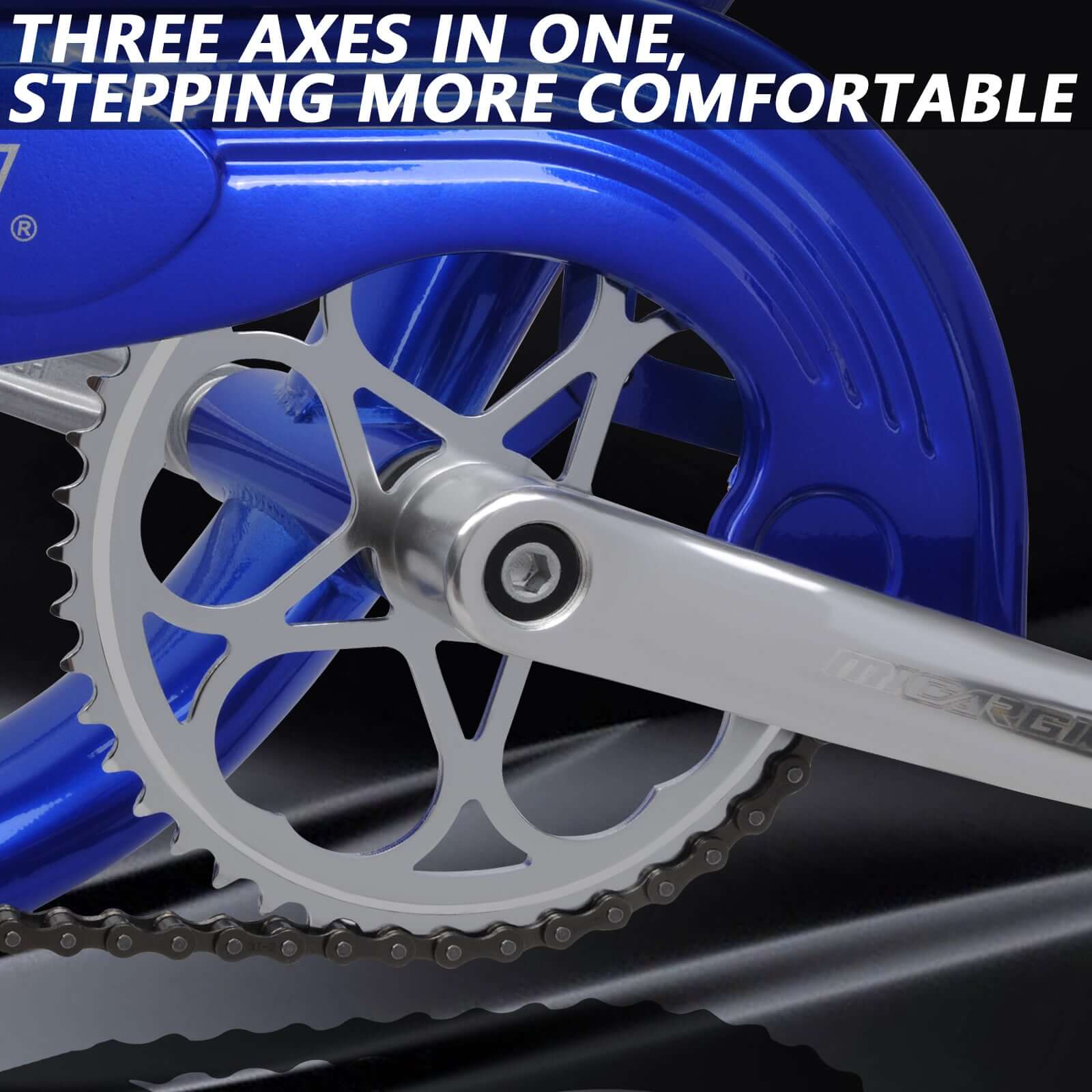 Detailed shot of the blue Tracer Beacon Pro 140H Stretch Cruiser Bike's crankset.