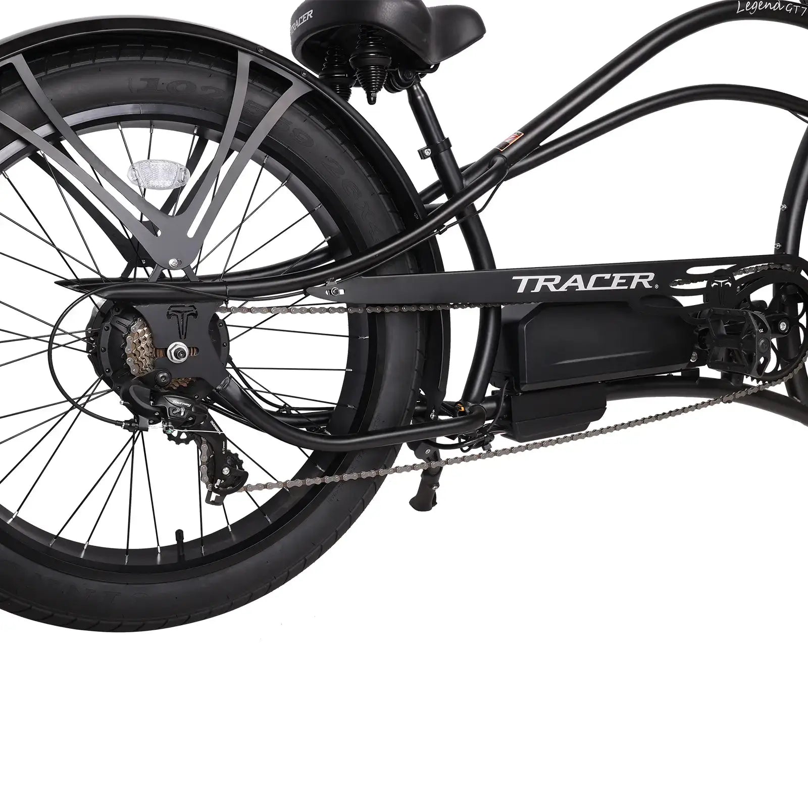 Close up of the black Legend GT7 1000W Electric Stretch Cruiser Chopper Bike's drivetrain.
