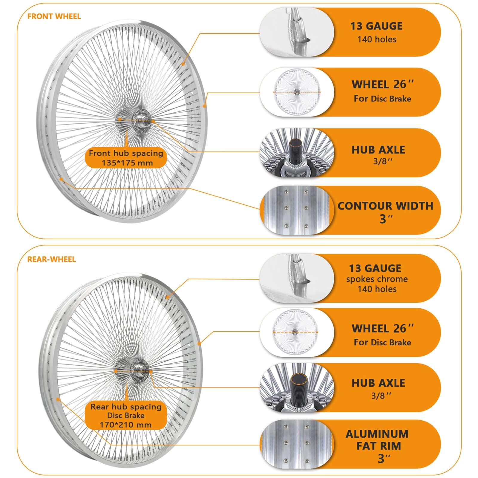 Tracer WH-TR7526140 26"x3"x13Gx140H Aluminum Polish FAT Rims Wheel Set.