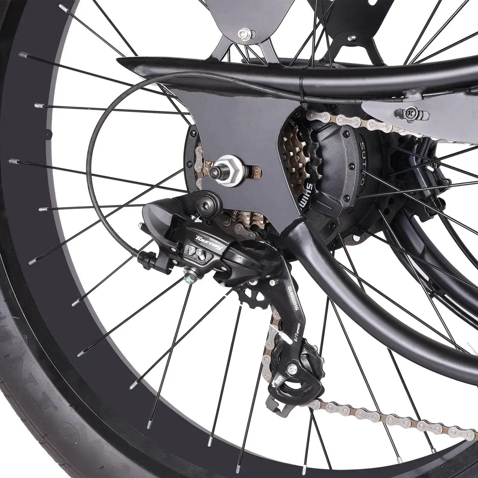 Close-up of the black Chico GT7 750W Stretch Cruiser Ebike's Rear Derailleur.