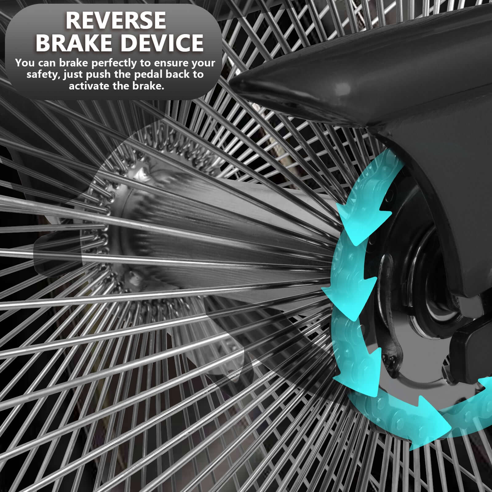 Illustration of the Tracer Beacon Pro 140H Stretch Cruiser Bike's rear braking system.