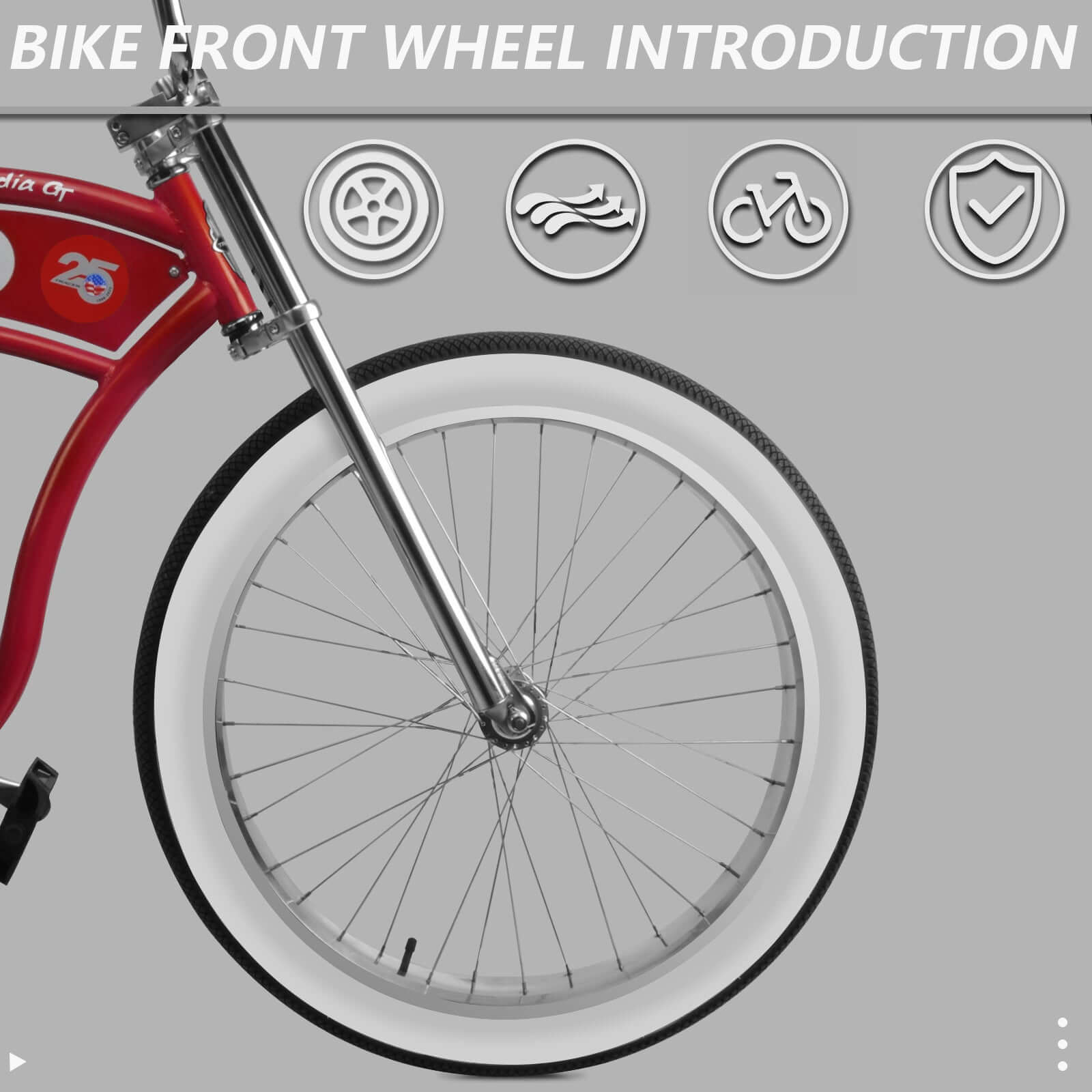 Tracer Arcadia GT Chopper Cruiser Bike, front wheel info.
