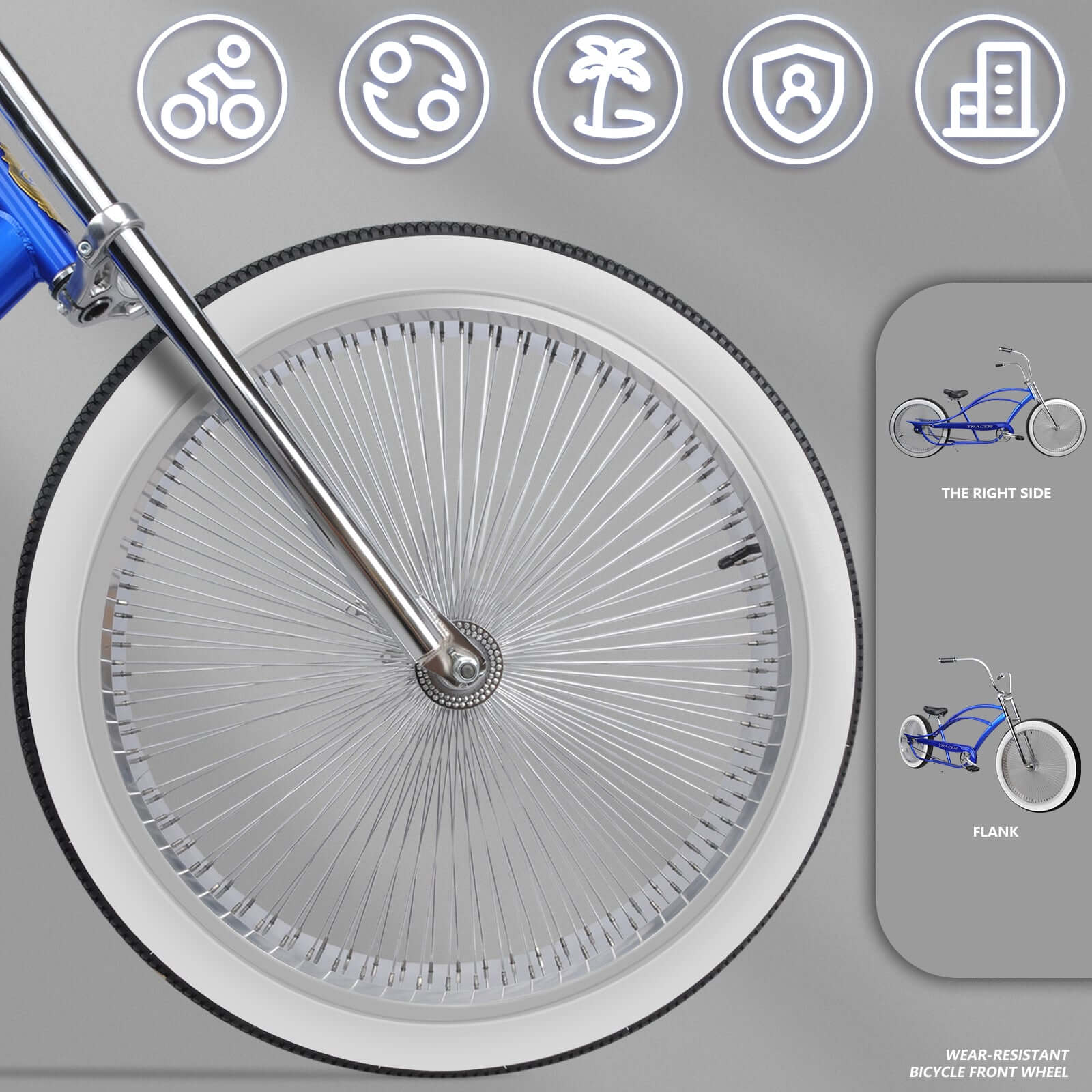 Black Tracer Beacon Pro 140H Stretch Cruiser Bike front wheel diagram.