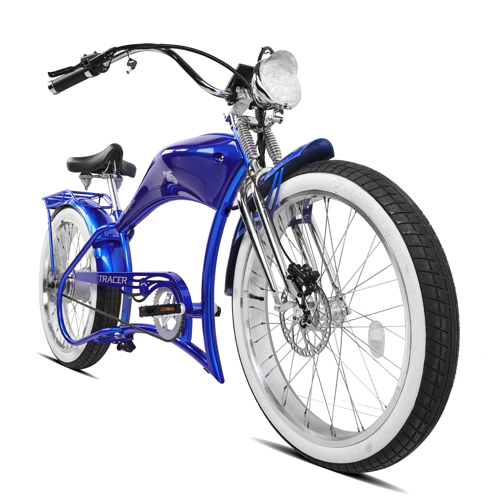 Front view of the Twenty5 800W Chopper Stretch cruiser ebike with stylish handle bar.