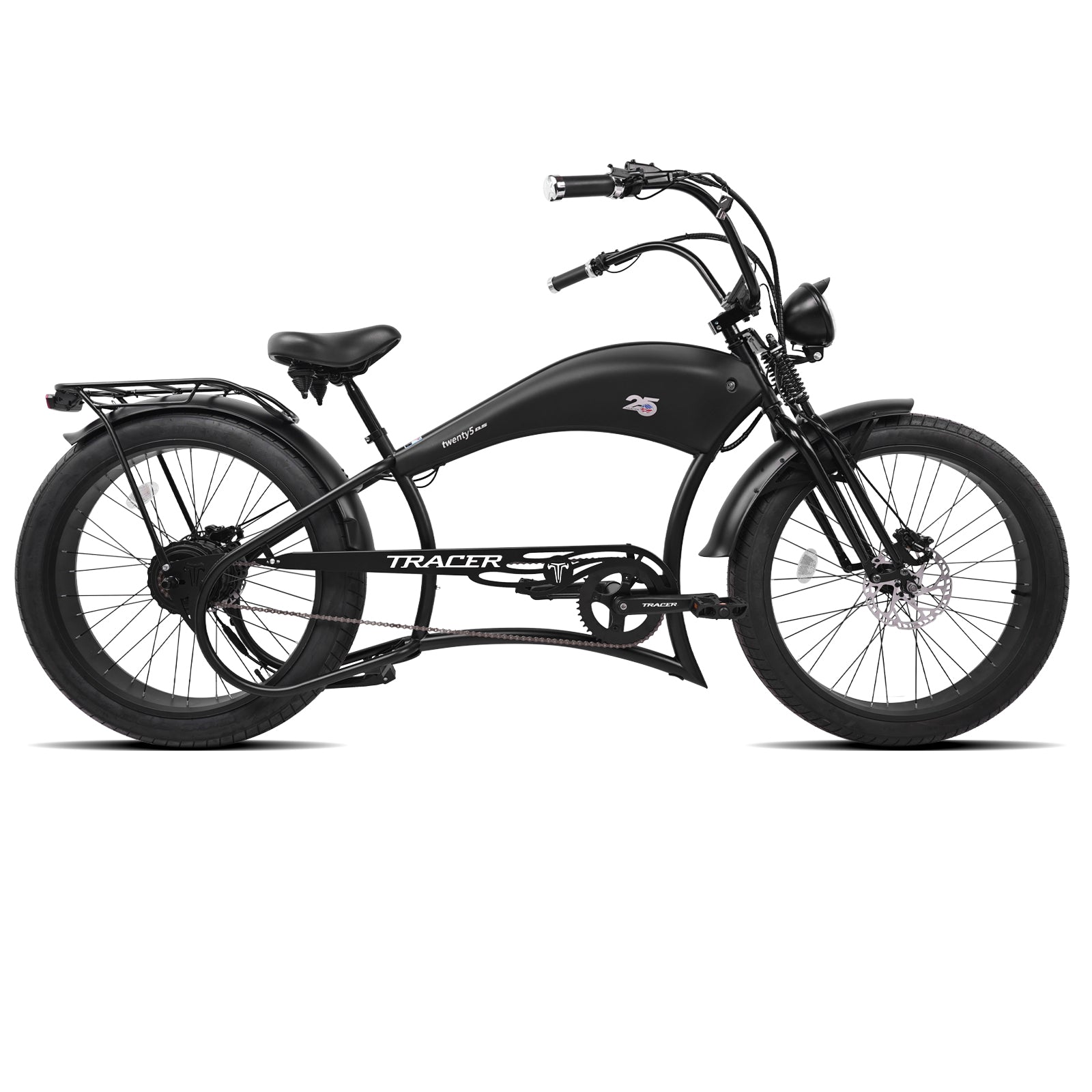 Side view of the all black Twenty5 800W electric cruiser bike with a specially designed frame.