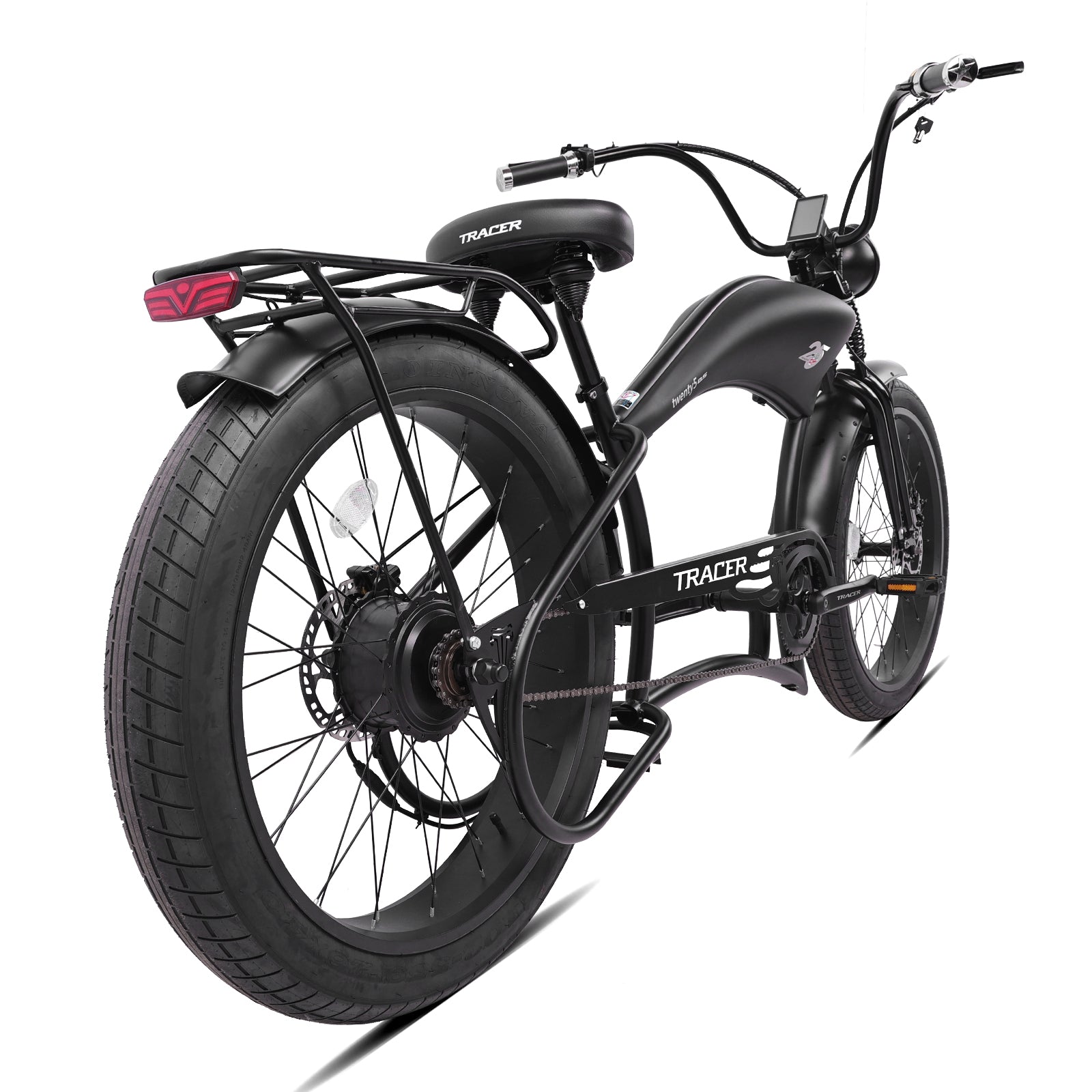 Rear view of the all black Twenty5 800W electric Stretched cruiser bike.