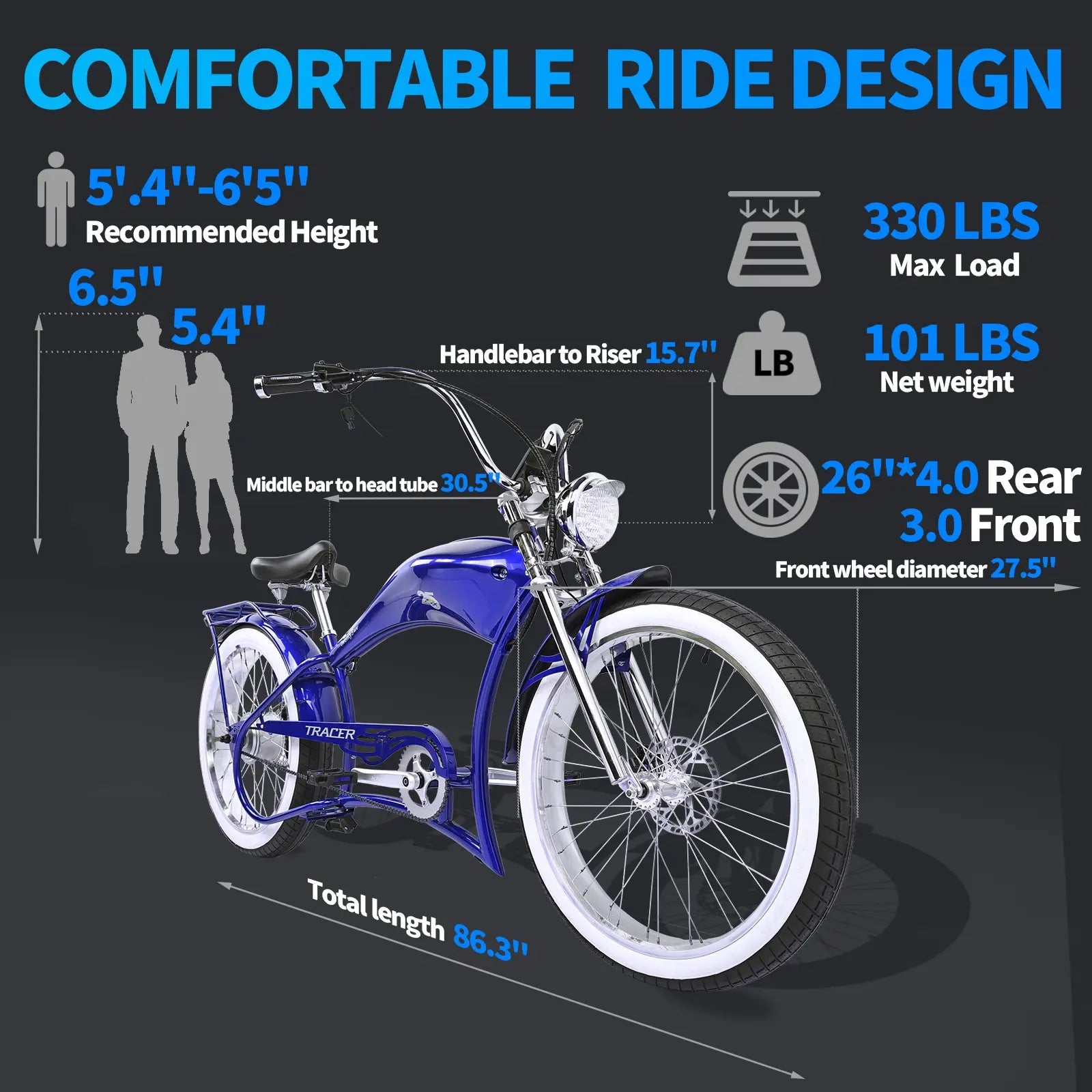 Twenty5 800W Chopper Stretch Cruiser Ebike Tracer Bikes