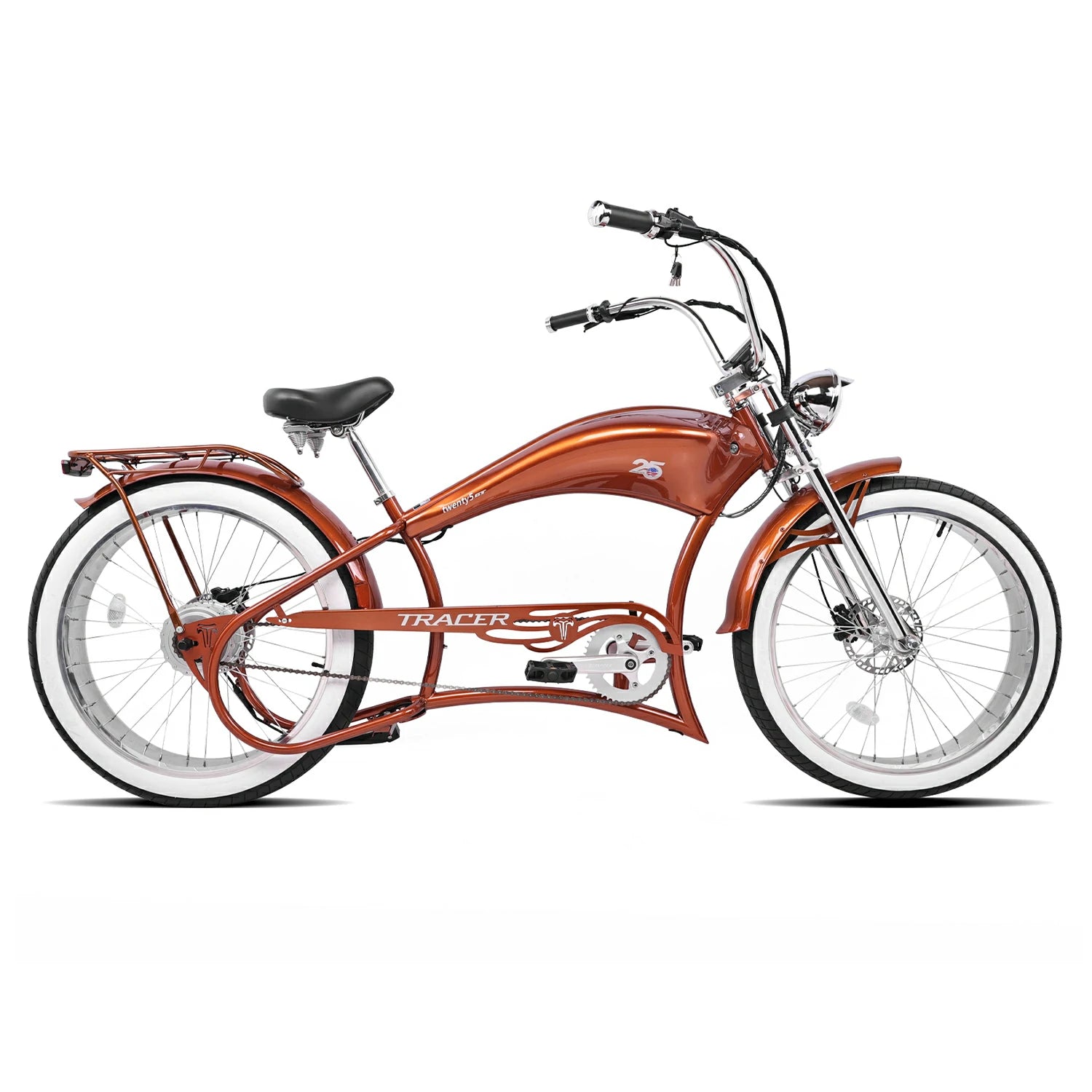 Side view of the red Twenty5 800W Chopper Stretch cruiser ebike, with bold fat tires and a sleek frame design.