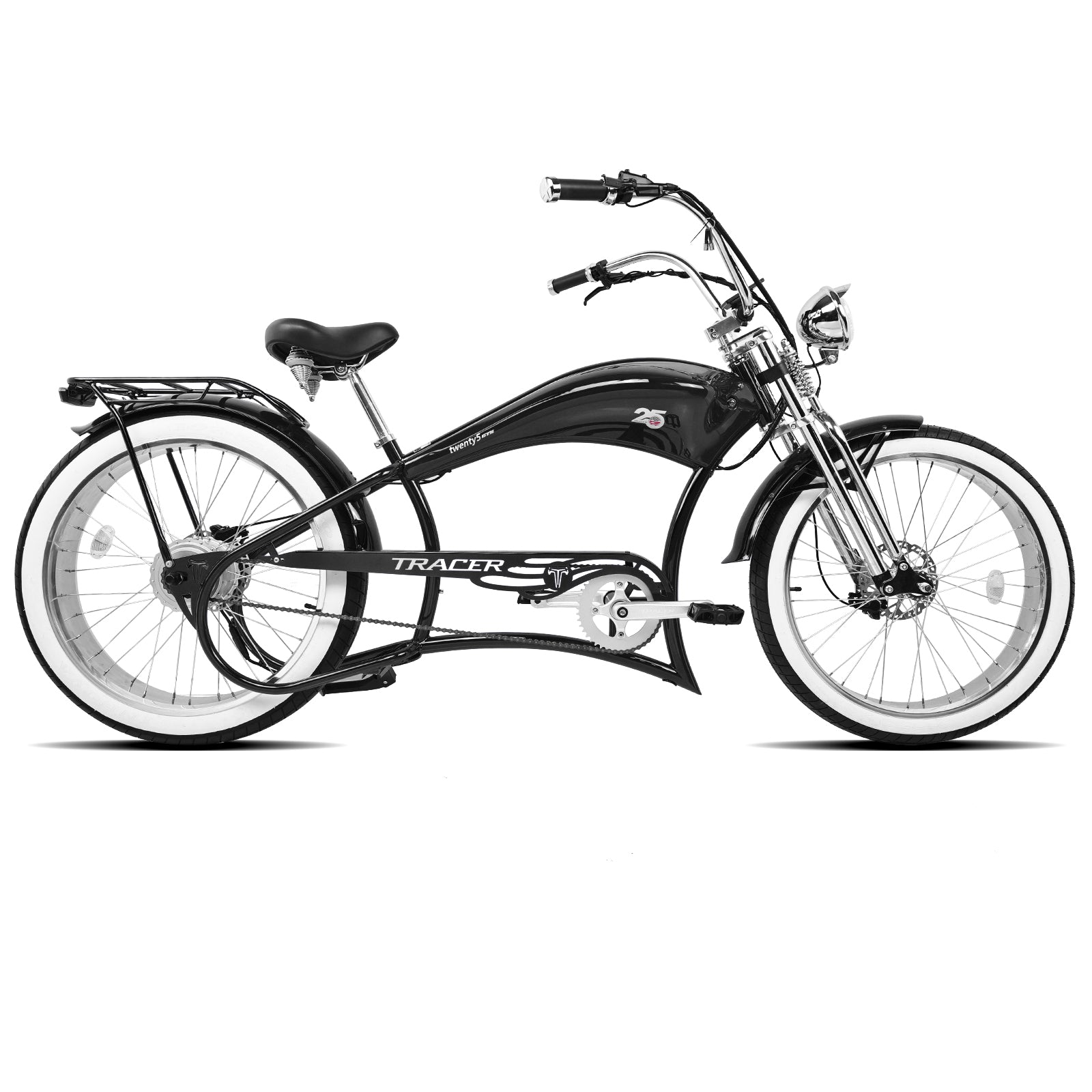 Side view of the Twenty5 800W Electric Stretched Beach cruiser bike with a modern design.
