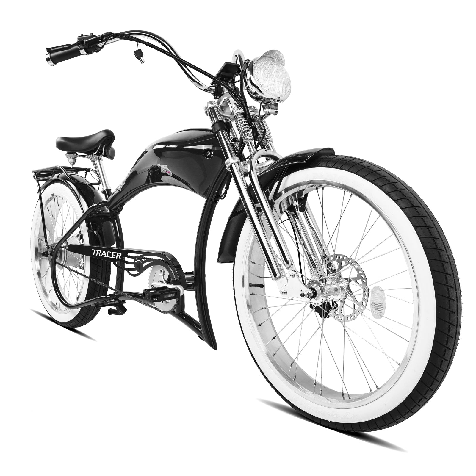 Front view of the black Twenty5 800W Electric Chopper bike, showing the front wheel and fork.