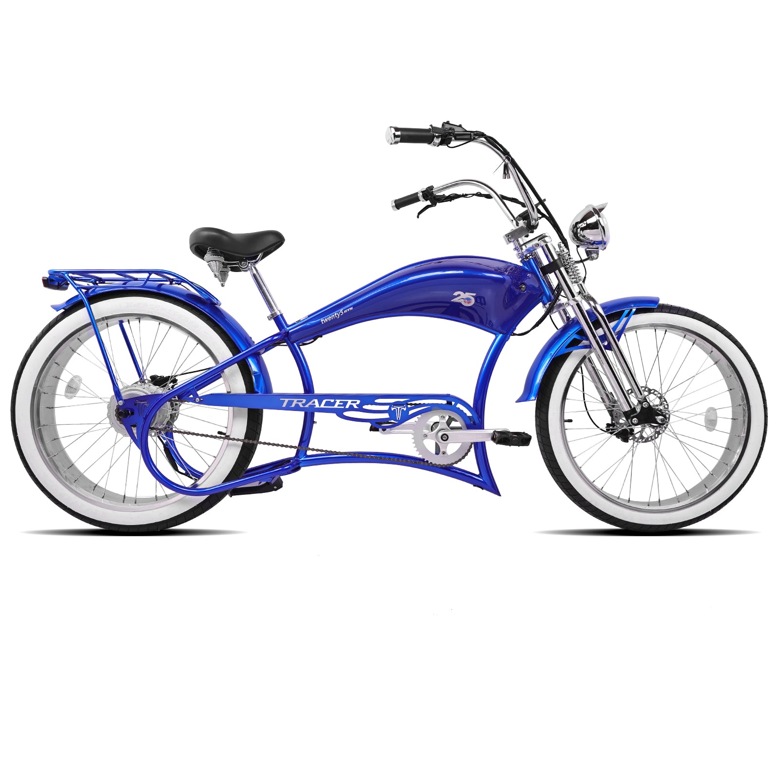 Side view of the deep blue Twenty5 800W Chopper Stretch cruiser ebike with a powerful motor.