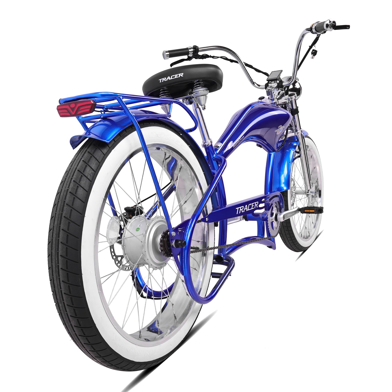 Rear view of the Twenty5 800W Chopper Stretch beach cruiser bicycle.