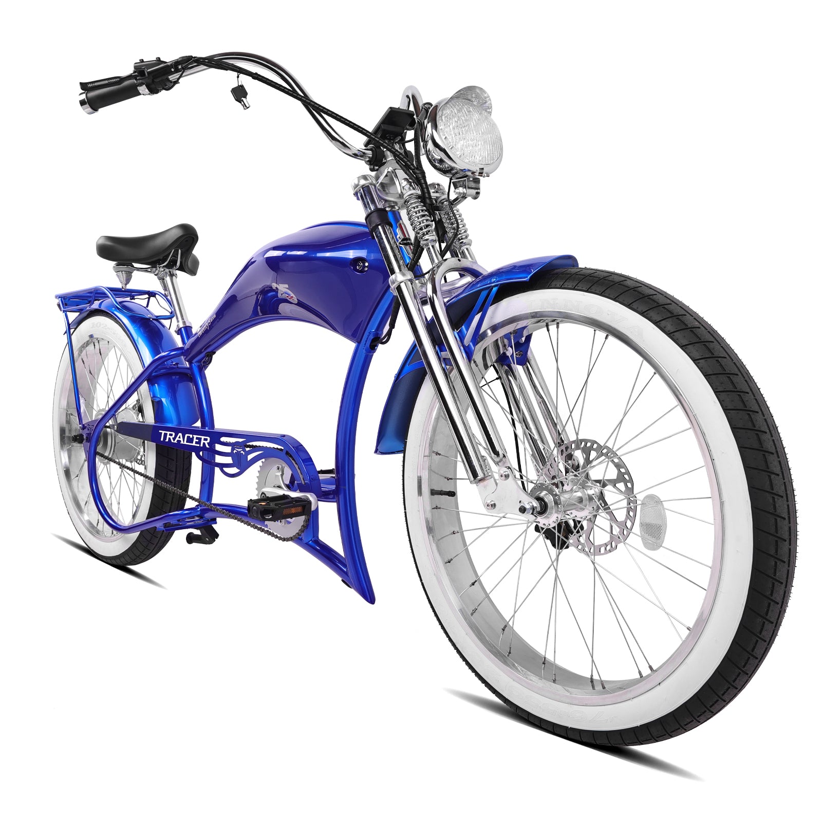 Angled view of the Twenty5 800W Electric Chopper Stretch cruiser bike, showcasing its disc brake and alloy rims.