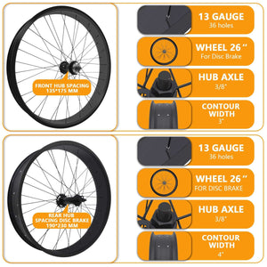 Tracer WH-T952636D7 26"x13Gx36H Alloy Fat Rims Set for 26"x3.0, 4.0 Tire 7-Speed Tracer Bikes