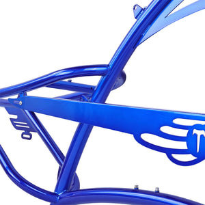 Close-up of the Tracer FM-SCORPION 26" chopper cruiser steel frame in vibrant blue finish.