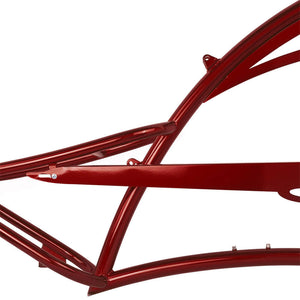 Close-up of Tracer FM-SCORPION 26" stretch chopper cruiser oversized steel frame in red finish.