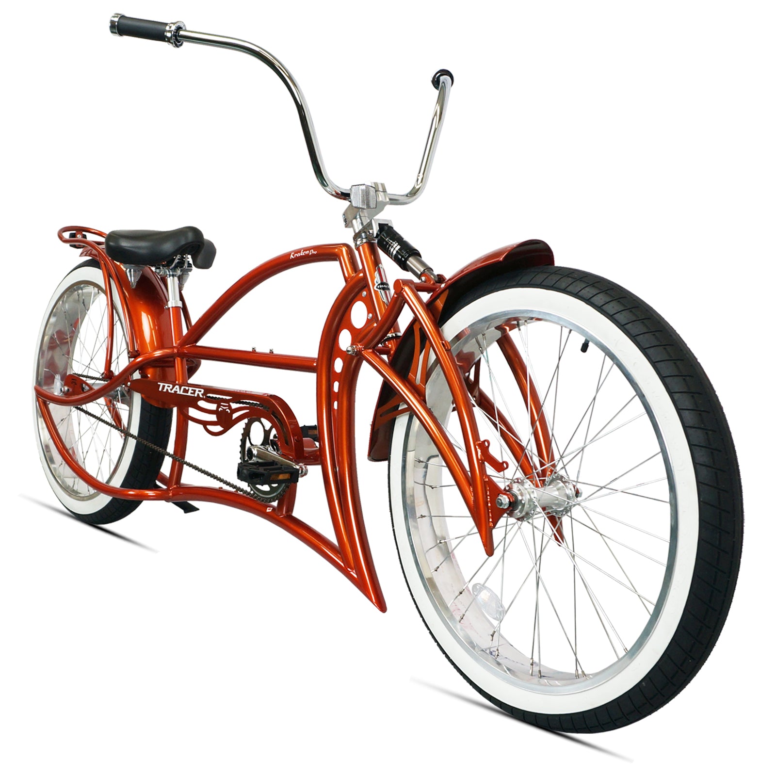Front-left view of the Kraken Pro 26" Single Speed Stretch Chopper Cruiser Bike, featuring its chopper-style handlebar and fat tire.