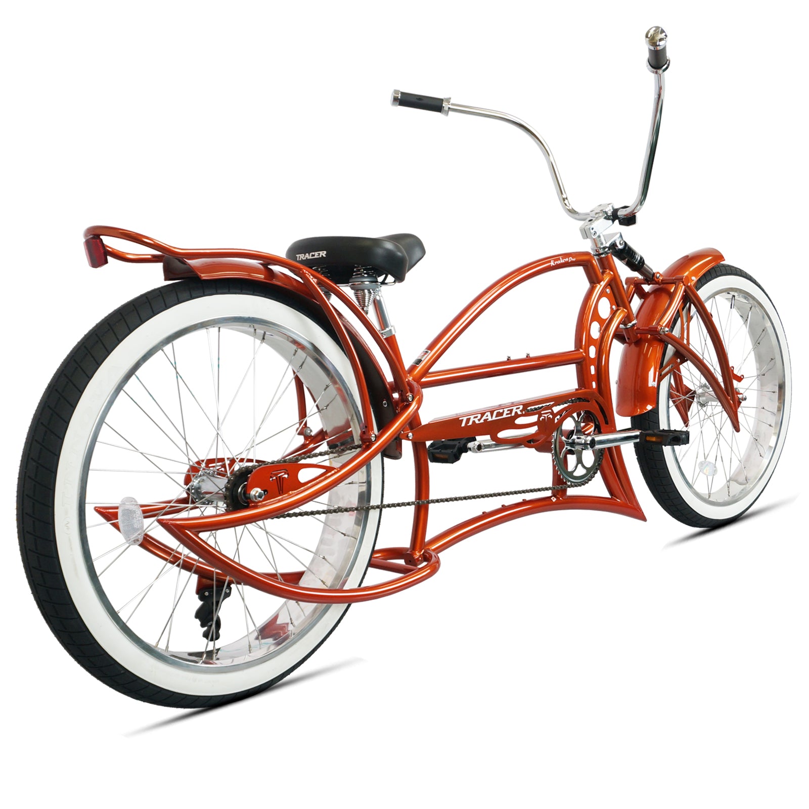 Rear view of Kraken Pro 26" Single Speed Stretch Chopper Cruiser Bicycle, highlighting the rear gear system and wheel with fat tire.