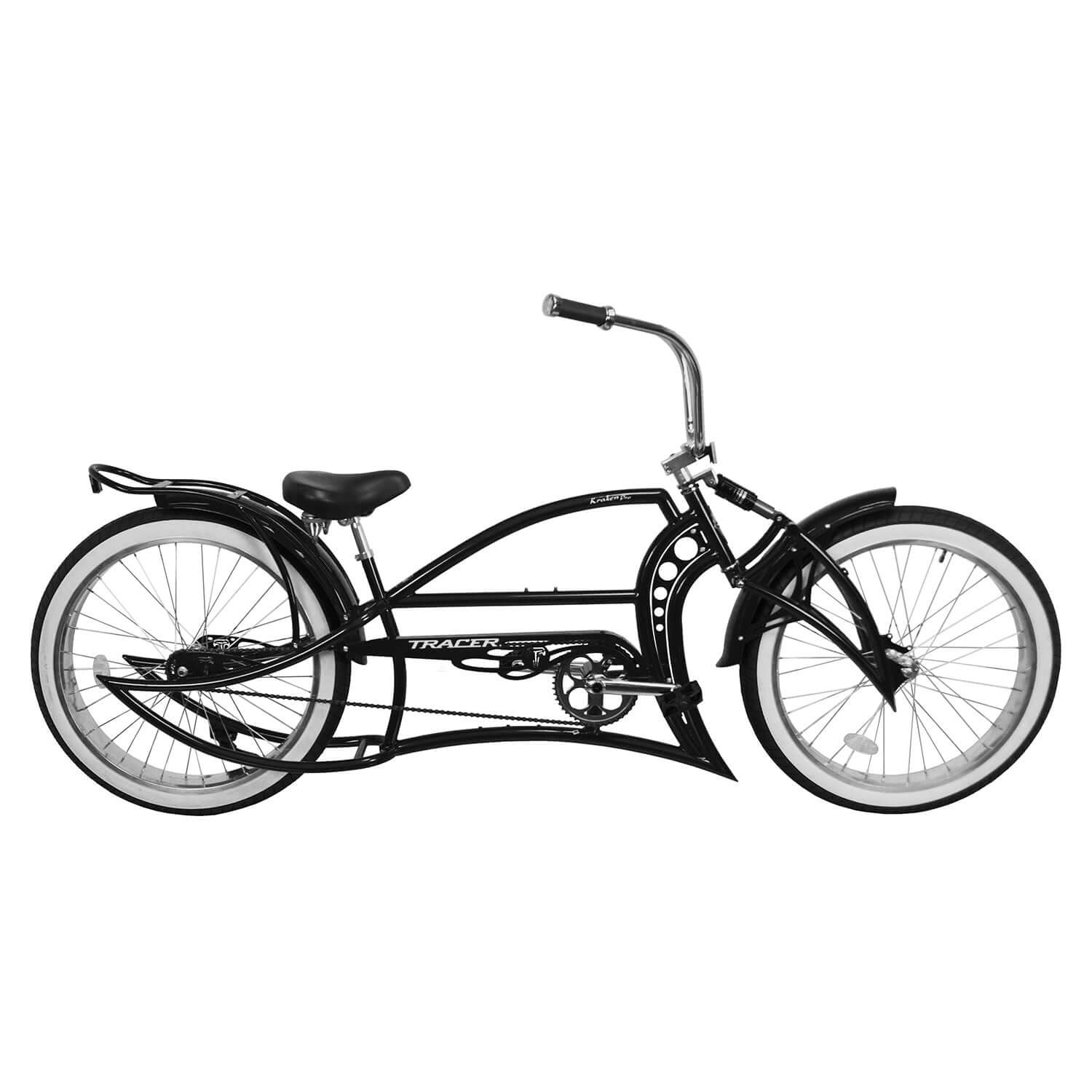 Full side shot of the black Kraken Pro 26" Stretch Chopper Bike Single Speed.