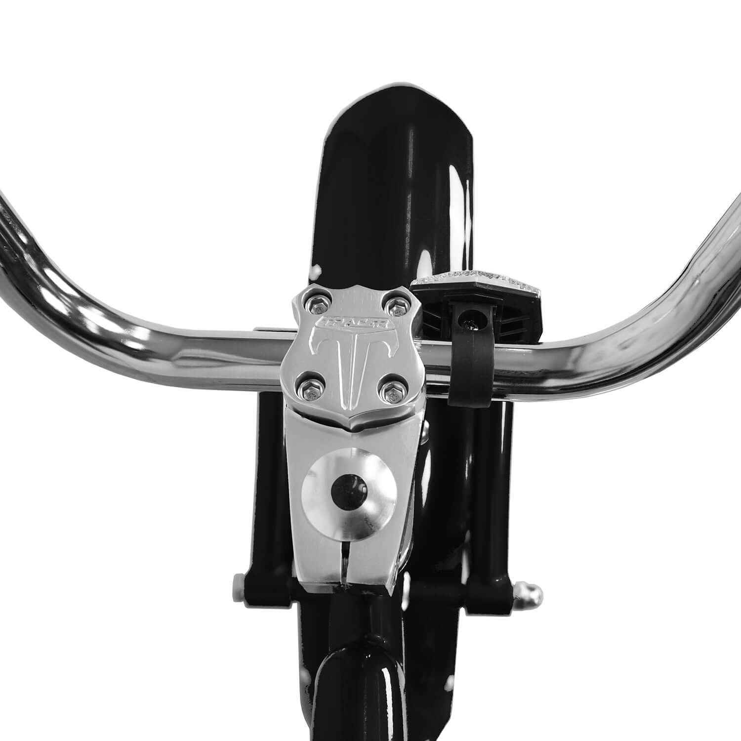 Close-up of the Kraken Pro 26" Stretch Chopper Bike Single Speed with Tracer's logo on the stem.