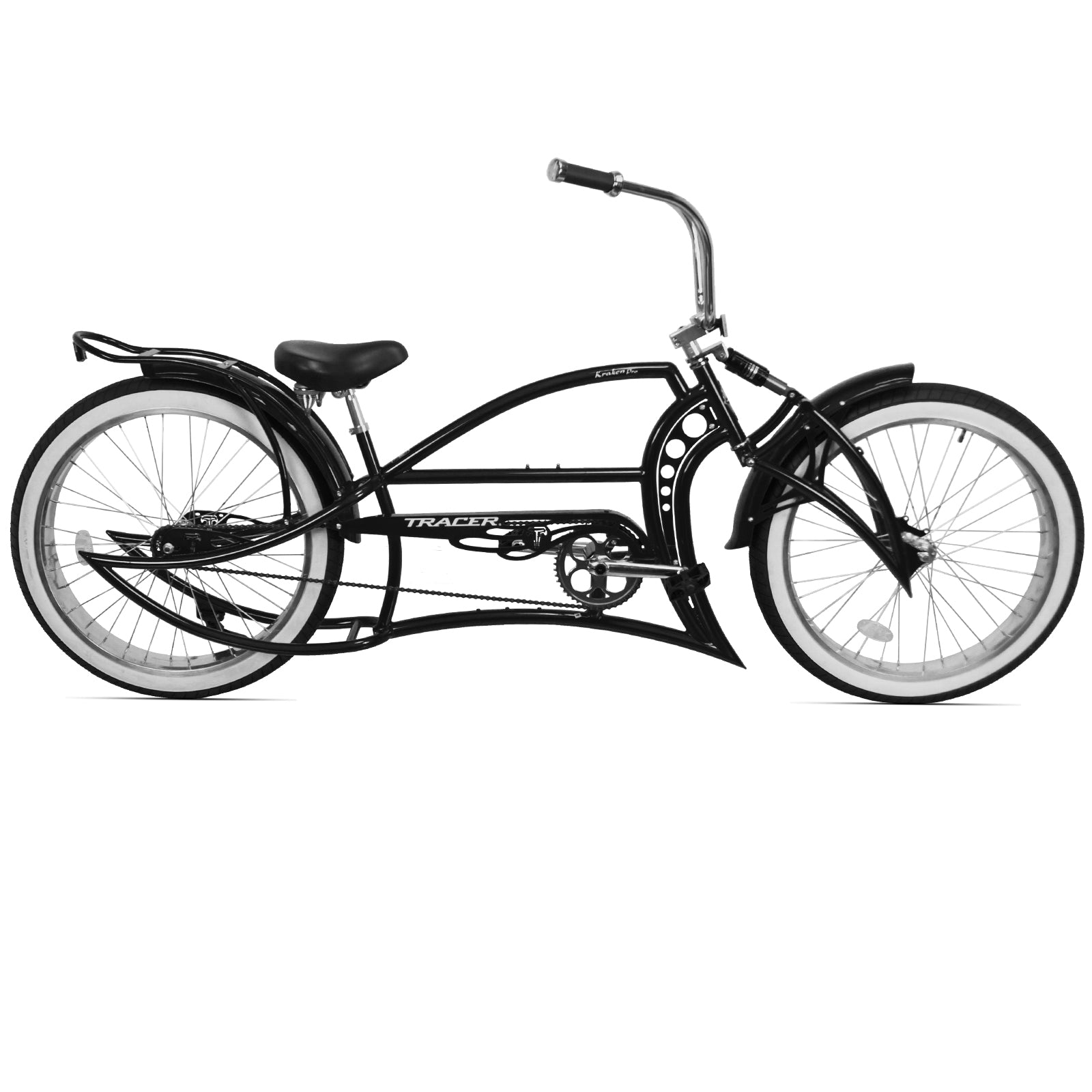 Full side shot of the black Kraken Pro 26" Stretch Chopper Bike Single Speed.