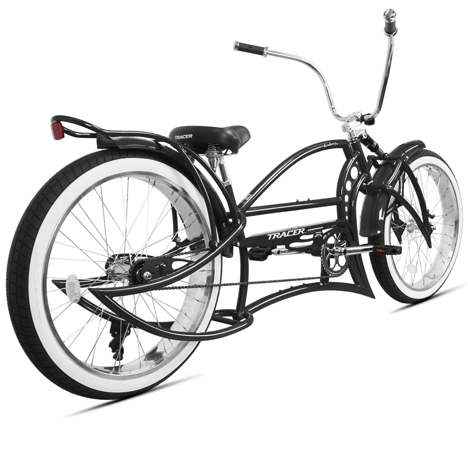 Rear view of the black Kraken Pro 26" Single Speed Stretch Beach Cruiser Bike showing off its strong frame and chunky rear tire.