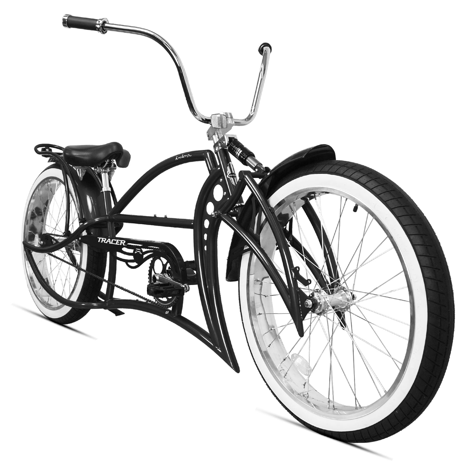 Front view of the Kraken Pro 26" Stretch Chopper Bike Single Speed, featuring its white rim with fat tire.