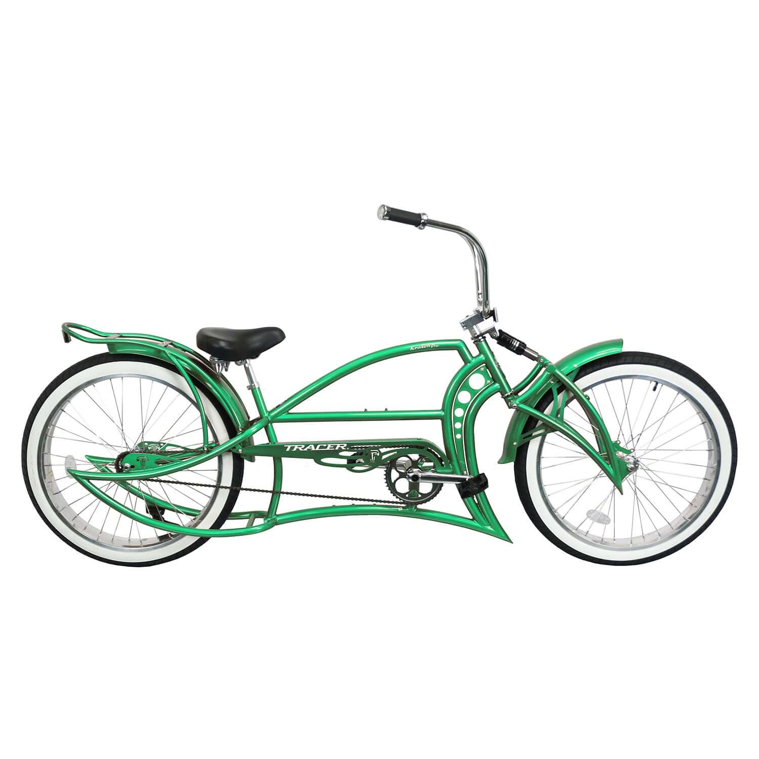 Full view of the green Kraken Pro 26" Single Speed Stretched Beach Cruiser Bike.