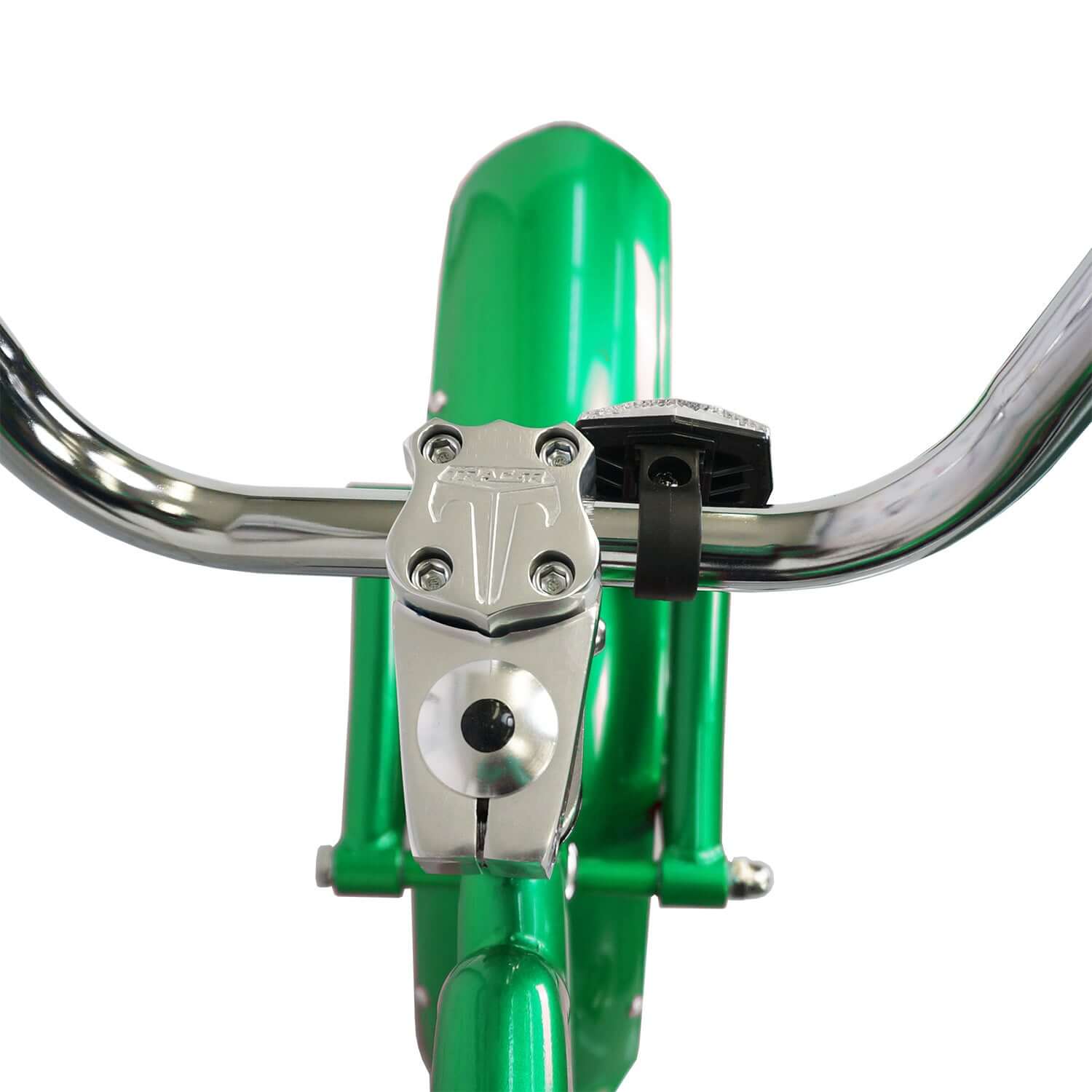 Detailed shot of the green Kraken Pro 26" Stretch Chopper Bike Single Speed focusing on its stem with Tracer Bike's logo on it.