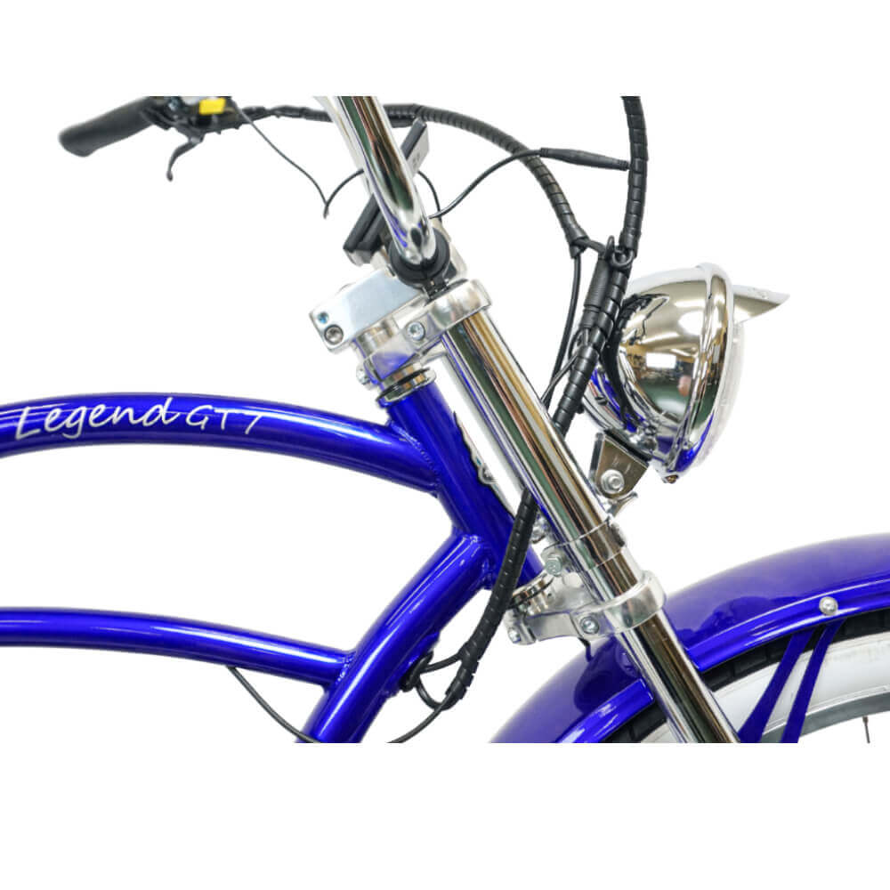 Close-up of the blue Legend GT7 1000W Strech Cruiser Chopper Bike, highlighting the handlebar, front suspension and headlamp.