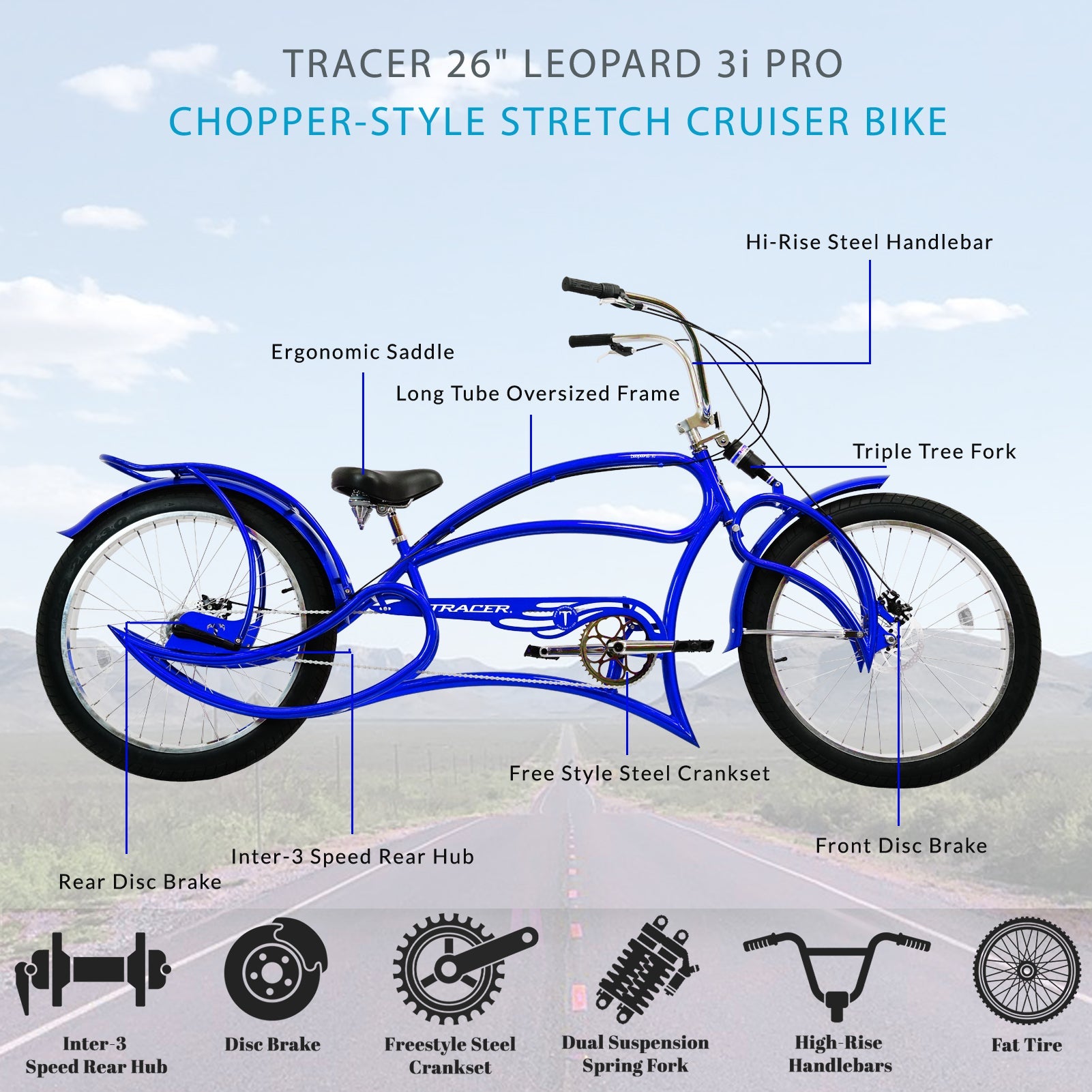 Tracer Leopard 3i Pro Vintage Stretch Beach Cruiser Bike Internal 3-Speed Tracer Bikes