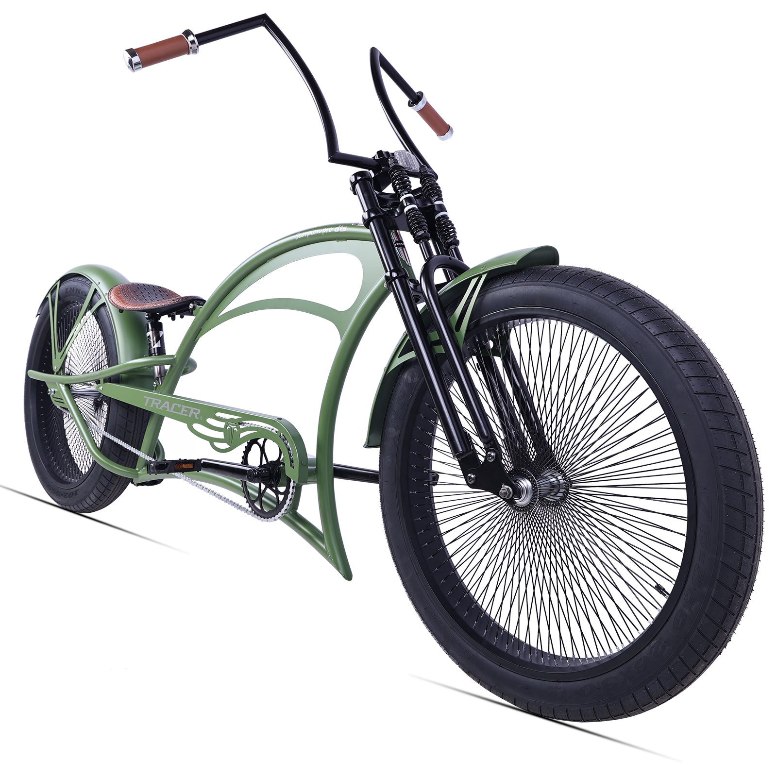 Scorpion Pro DTS 26” Stretch Chopper Cruiser Bicycle in green with oversized frame and retro handlebars.