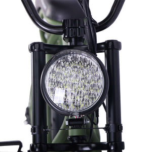 Close-up of Tracer Verge eBike front light on 20" fat wheels with 800W motor, showcasing sturdy frame and innovative design