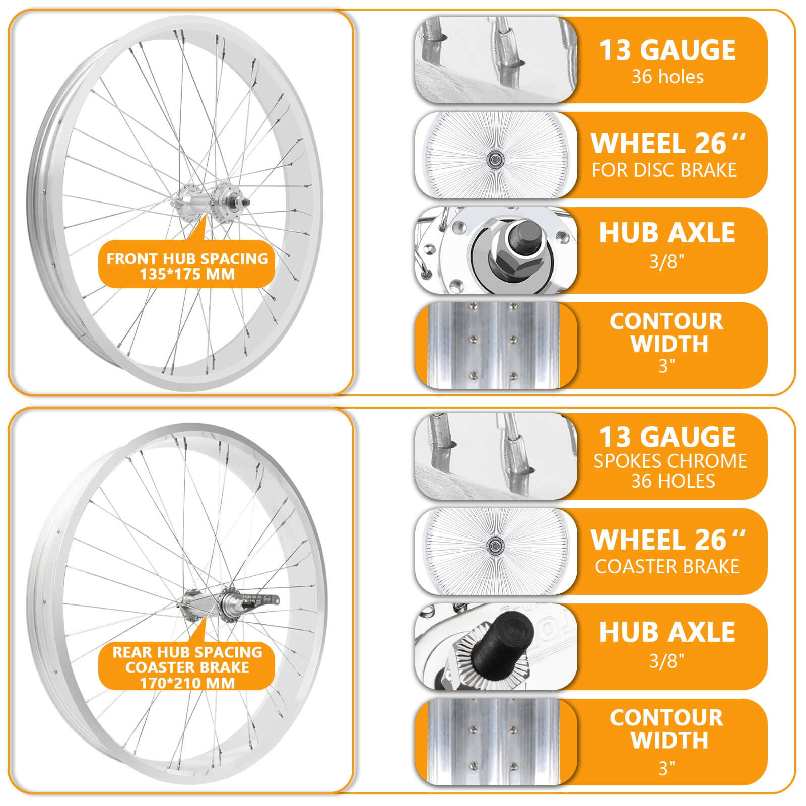Tracer WH-T752636C 26"x3"x13Gx36H Alloy FAT Rims Wheel Set.