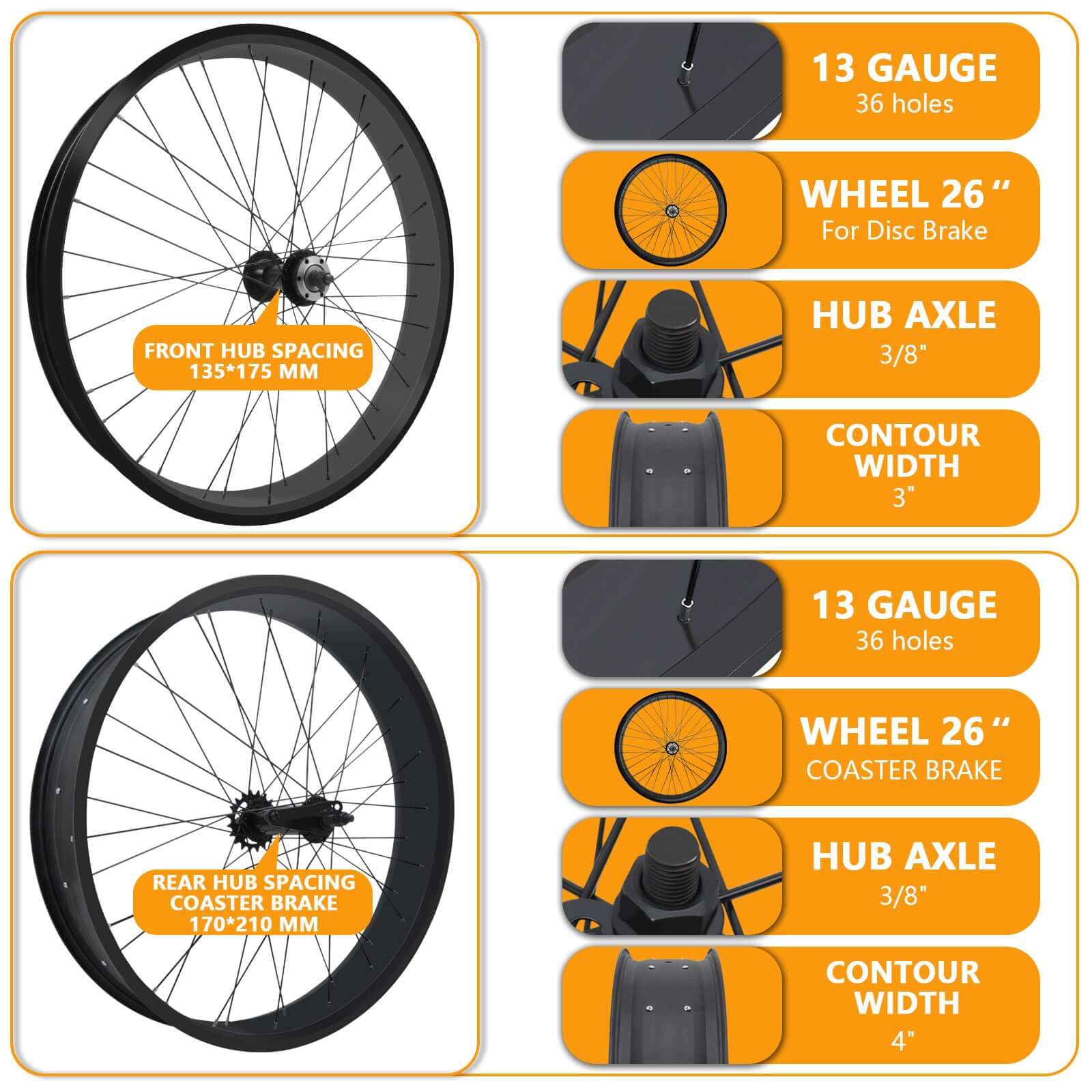 Tracer WH-T952636C Alloy FAT Rims Wheel Set for 26"x3.0,4.0 tire single-Speed Tracer Bikes