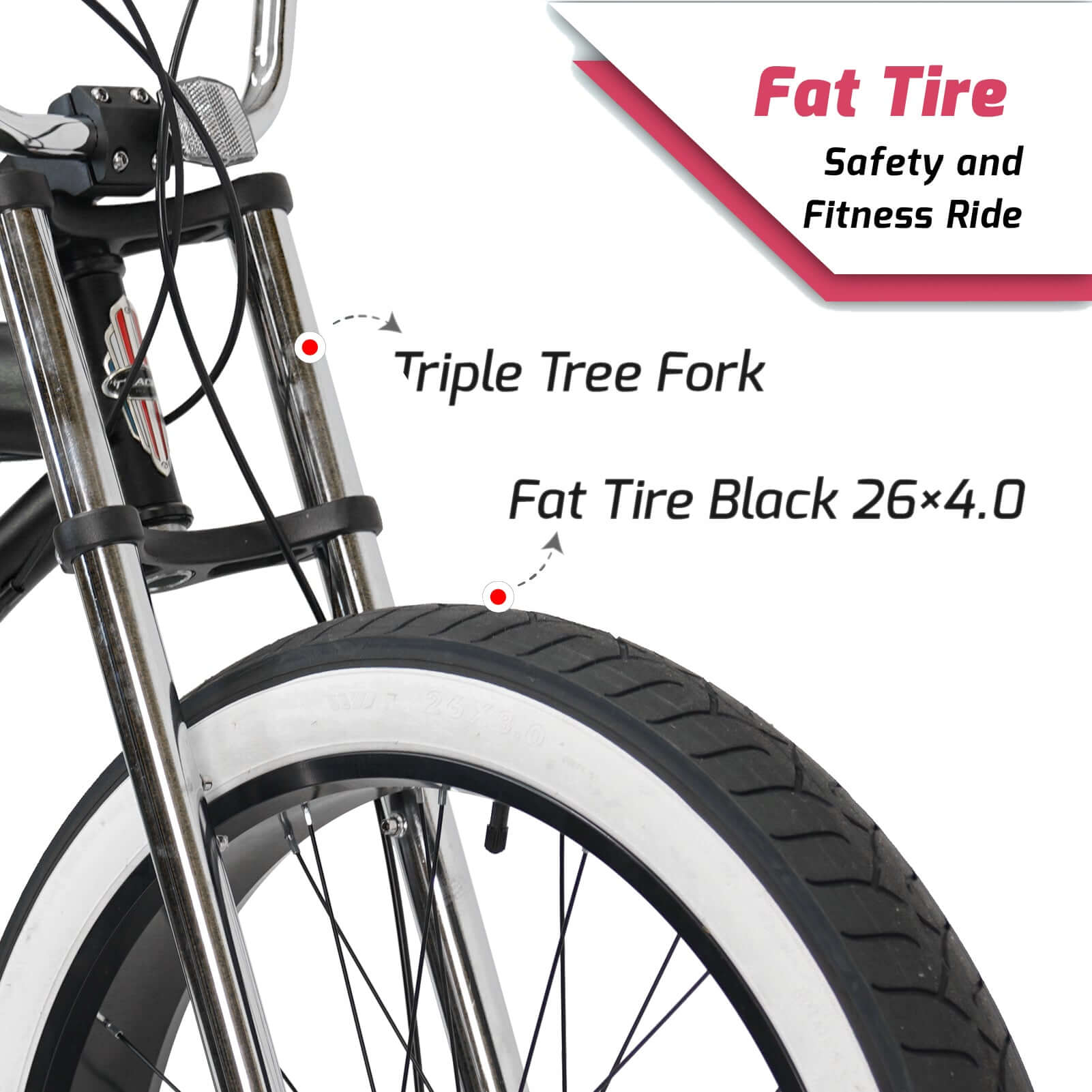 Tracer Avalon GT 29'' Fat Tire stretch Beach Cruiser Bike 1-Speed/7-Speed, front fork and tire introduction.