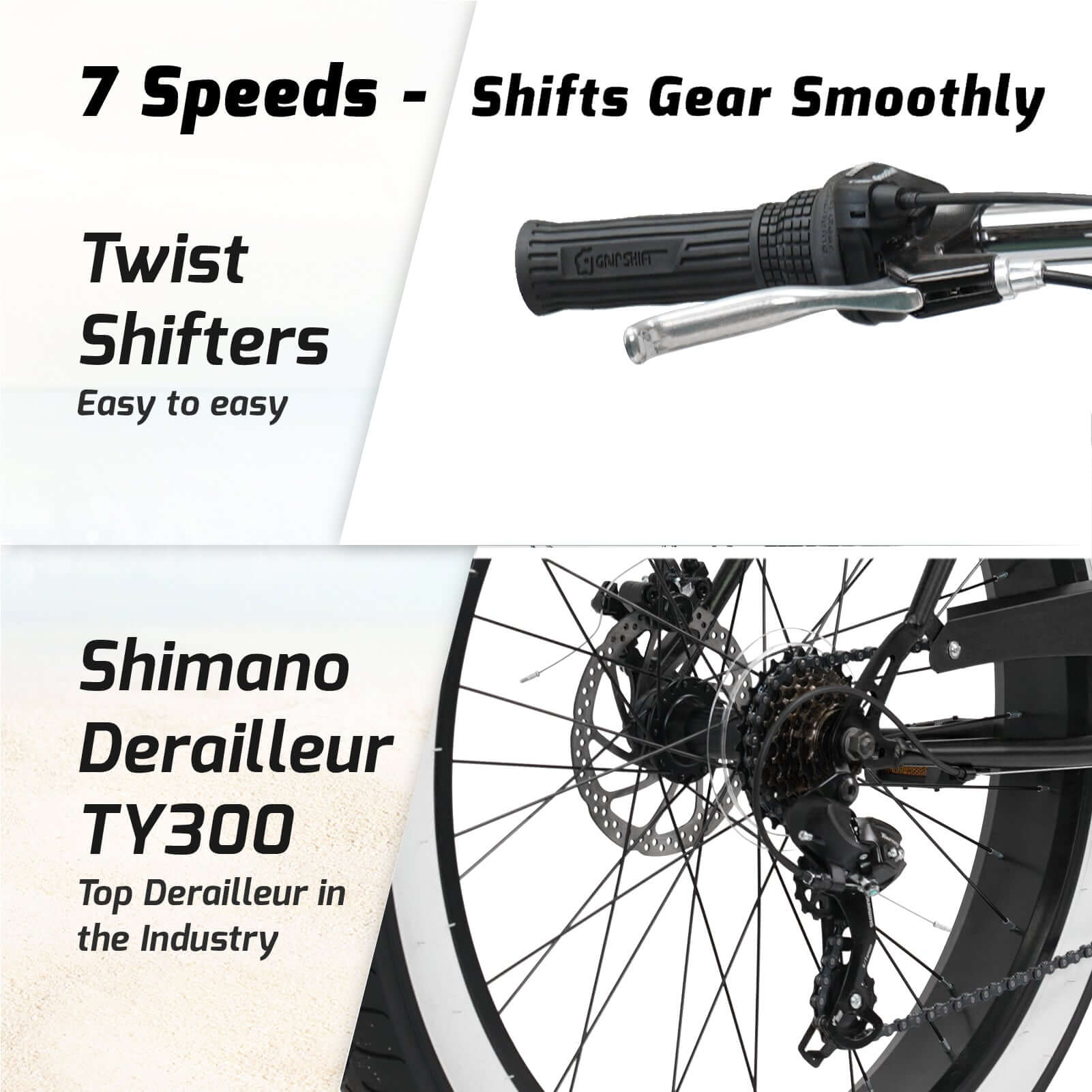 Introduction to the Tracer Avalon GT 29'' Fat Tire stretch Beach Cruiser Bike 1-Speed/7-Speed's gear shifters and rear derailleur.