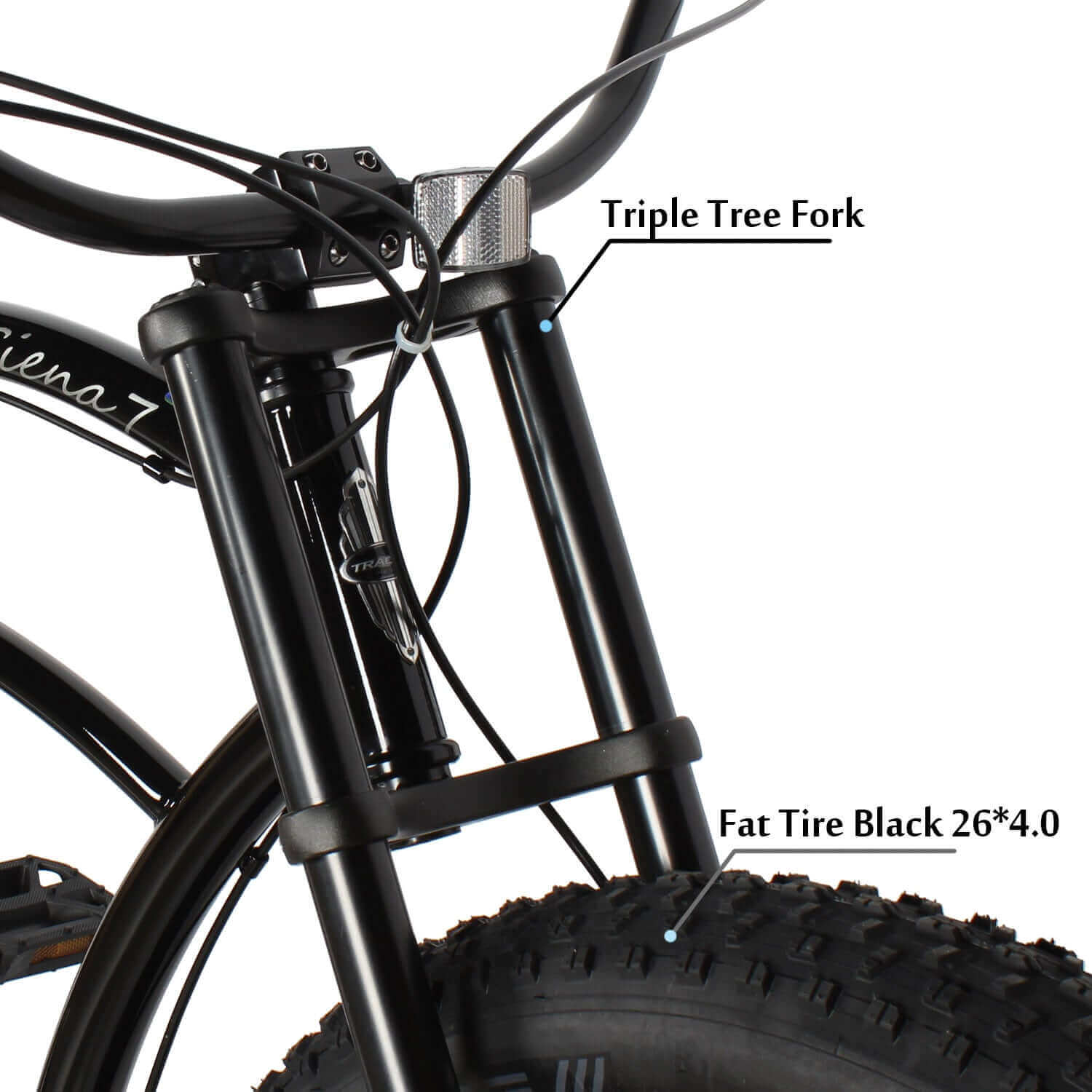 Introducing the Tracer Siena 26'' Chopper Stretch Cruiser Fat Tire Bike's triple-tree front fork and fat tire.
