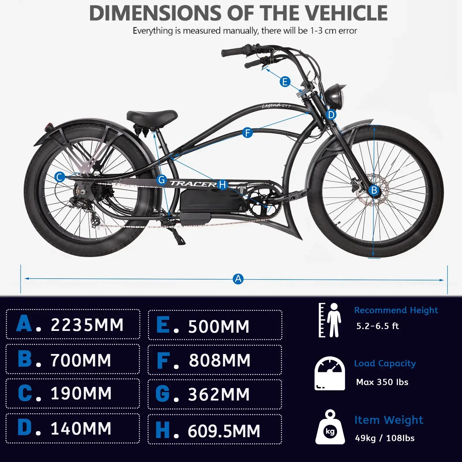 Detailed info of Legend GT7 1000W Electric Stretched Cruiser Chopper Bike's parameters.