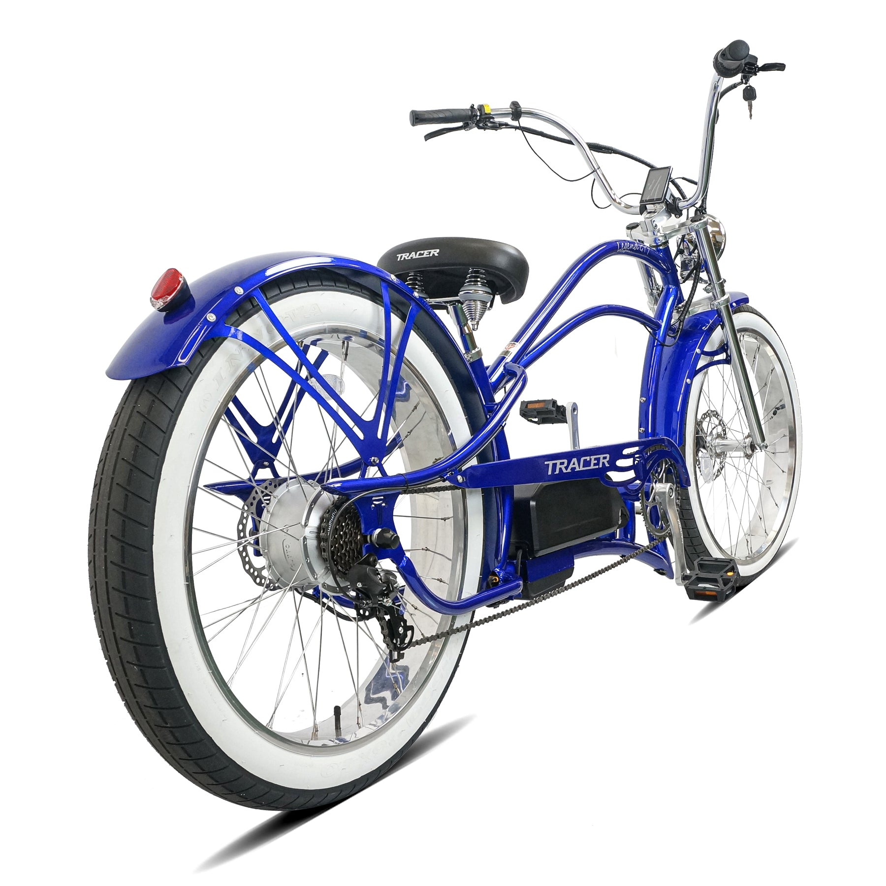 Rear view of the Legend GT7 1000W Stretch Cruiser Chopper Bike, highlighting the white rim and fat tire.