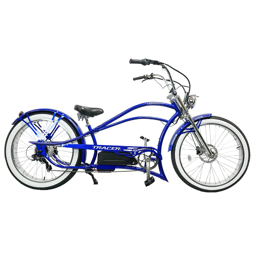 Full view of the blue Legend GT7 1000W Stretch Cruiser Chopper Bike's overall design language.