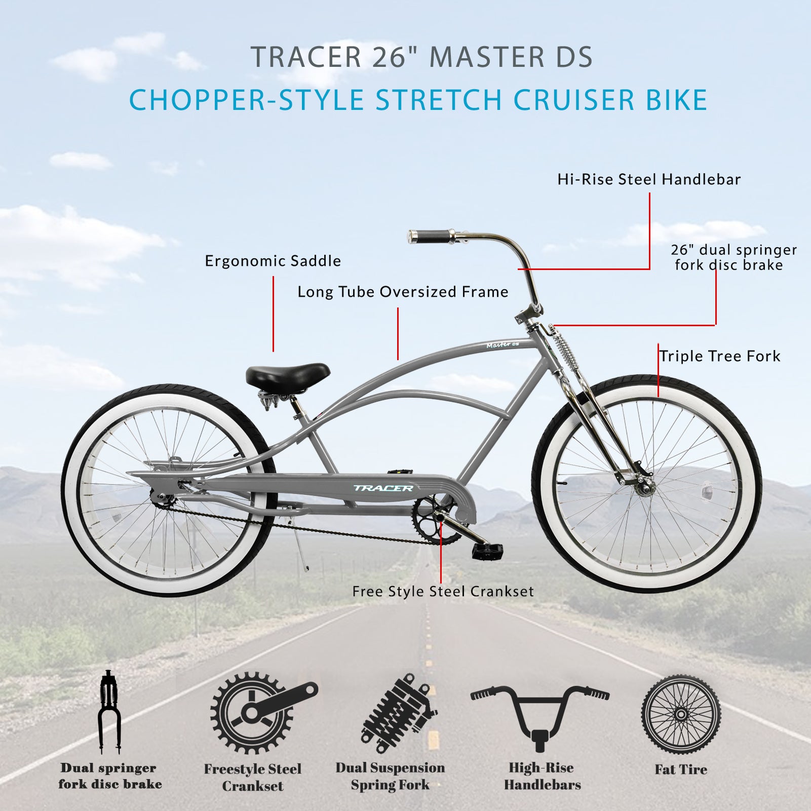 Tracer Master DS 26" Dual Springer Chopper Stretch Beach Cruiser Bike