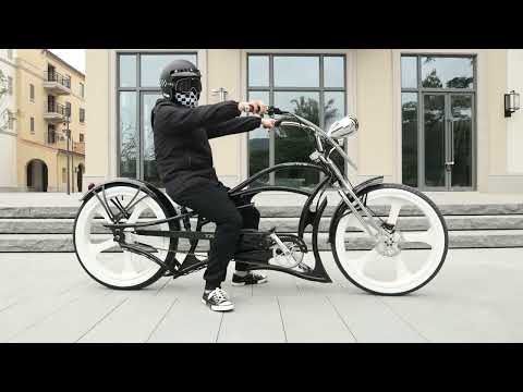 Rider having fun with the Raptor Pro DS 800W Electric Stretch Cruiser Bicycle.